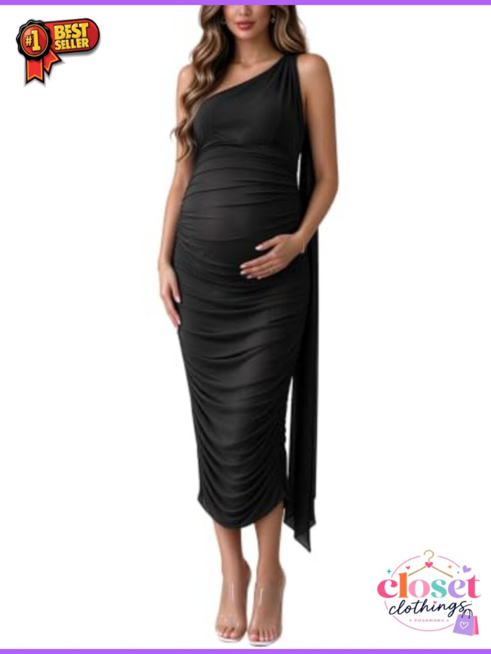 One Shoulder Maternity Midi Dress Ruched Bodycon Side Slit Formal